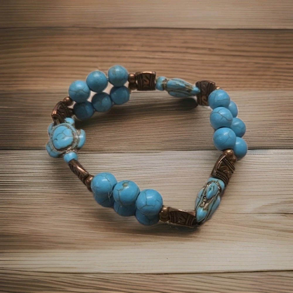 Vintage Natural Turquoise Bracelet Graduated Beads 2‎ Strand Turtle